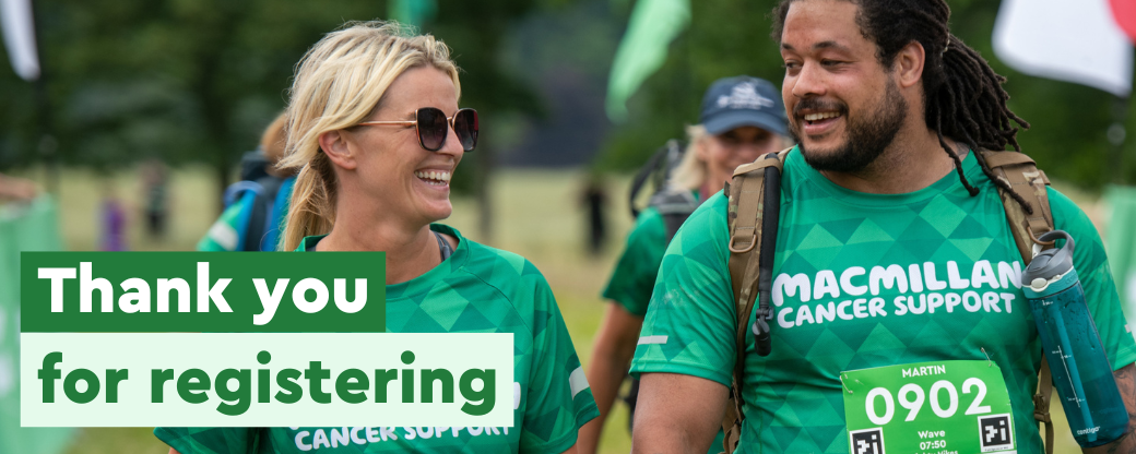 A cheerful group of people taking part in a Mighty Hike, with an overlay message that reads: Thank you for registering